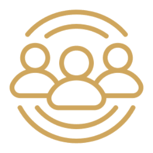 Three stylized people figures with circular lines.