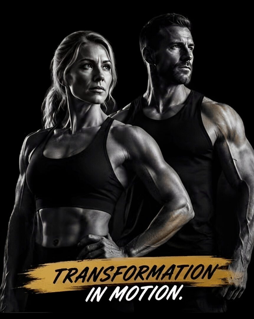 Muscular man and woman, "Transformation in Motion.