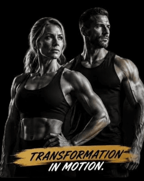 Fit couple posing, text "Transformation in Motion".