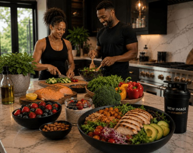 Couple preparing healthy meal in modern kitchen.