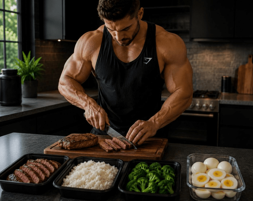 Man preparing meal with steak and vegetables.