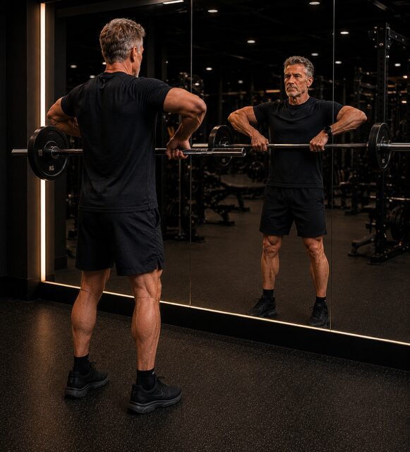 Man lifting barbell in front of mirror.