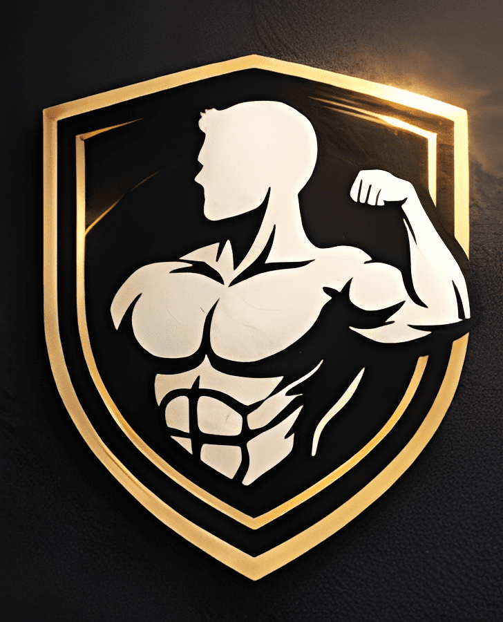 Silhouette of muscular figure inside shield.