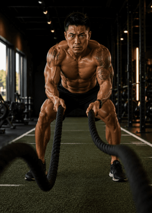 Man exercising with battle ropes in gym.