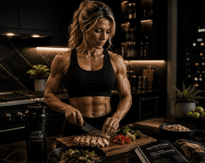 Woman preparing healthy meal in kitchen.