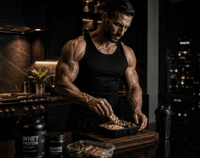 Man preparing meal with protein supplements nearby.
