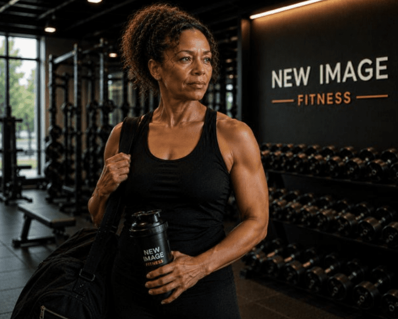 Woman in gym holding a fitness bottle.
