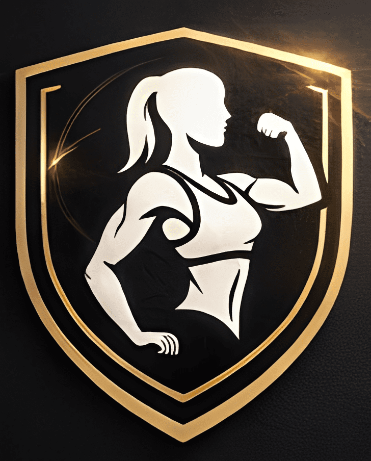 Silhouette of strong woman in shield logo.