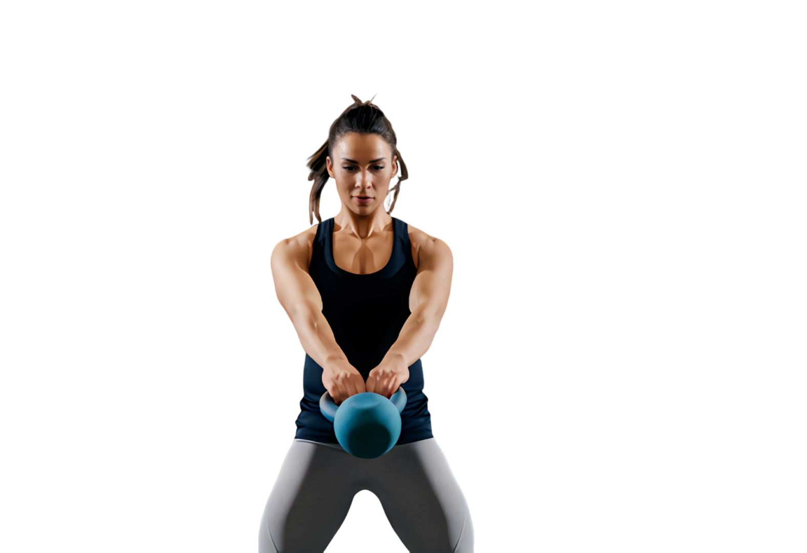 Woman exercising with a kettlebell, black background.