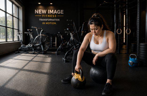 Woman resting with kettlebell in gym.