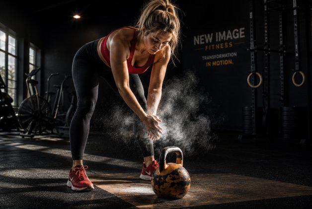 Woman preparing to lift kettlebell in gym.