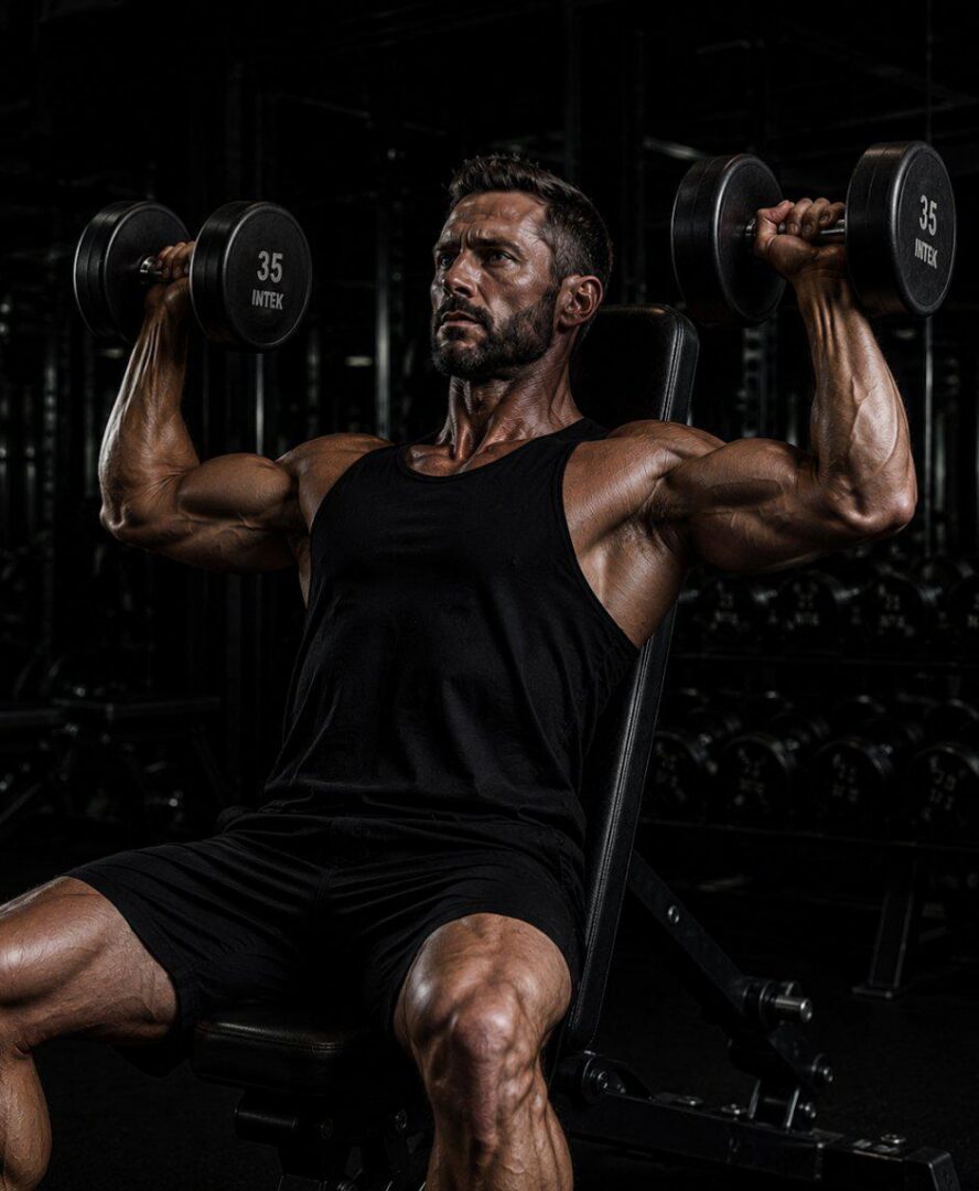 Man lifting dumbbells during shoulder press exercise.