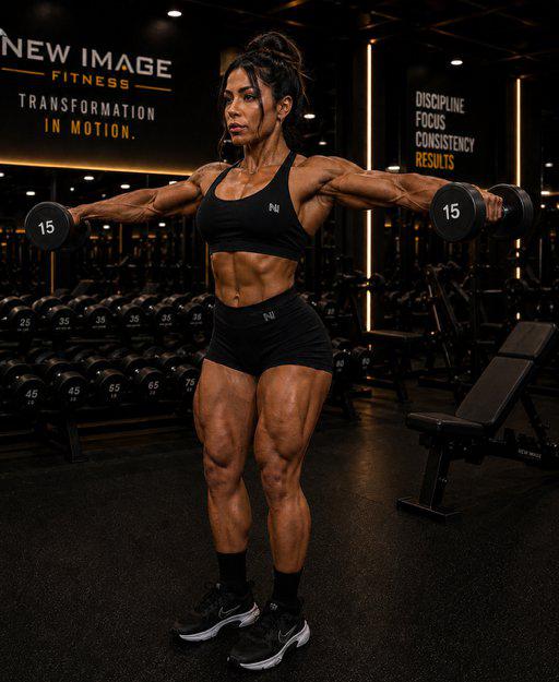Bodybuilder lifting dumbbells in a gym.