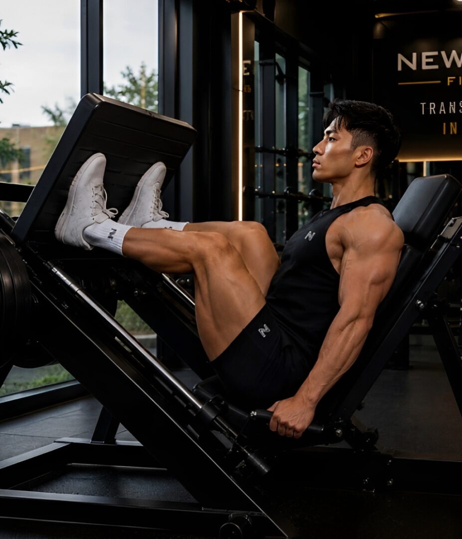 Muscular man doing leg press in gym