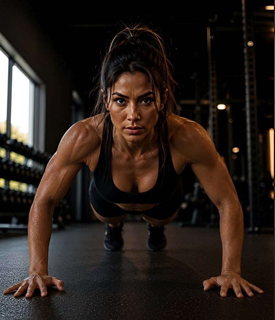 Determined woman doing push-up in gym