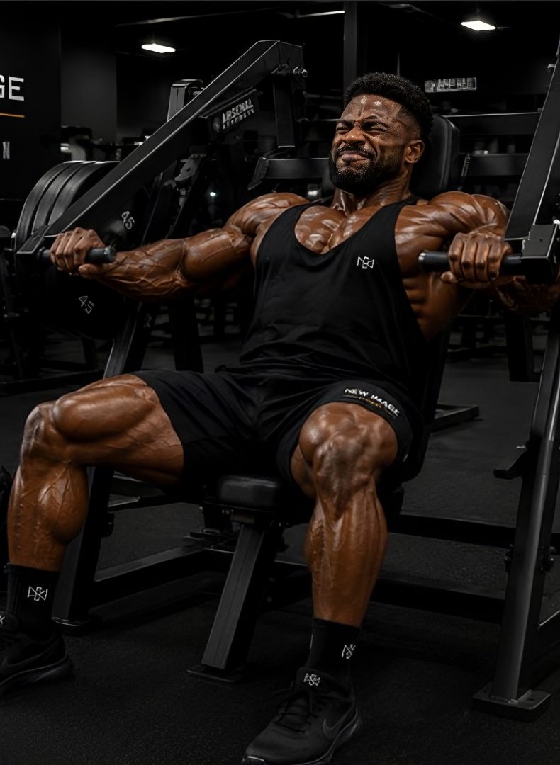 Bodybuilder performing seated chest press in gym