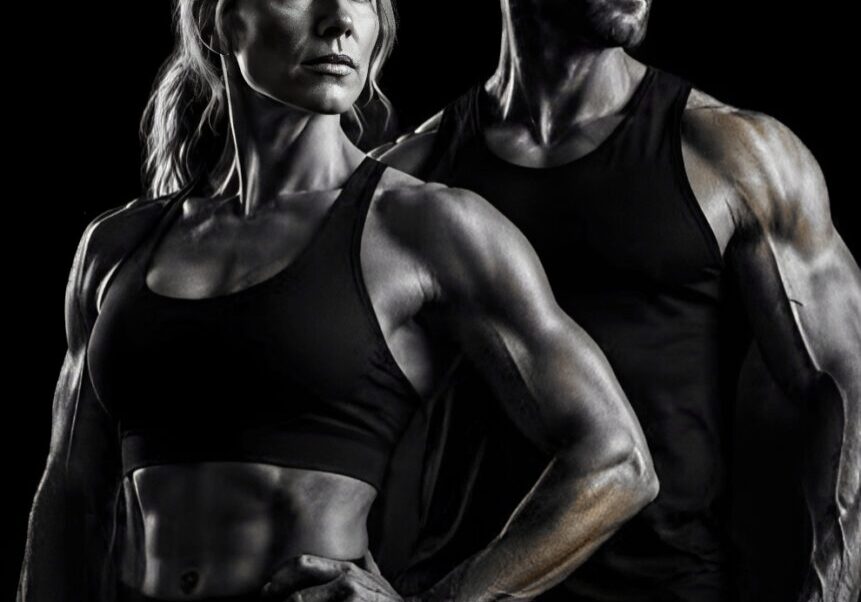 Muscular man and woman, "Transformation in Motion.