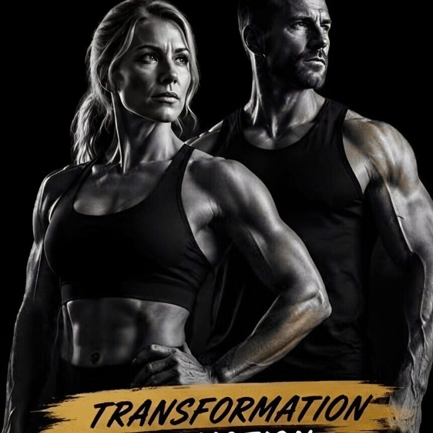 Muscular man and woman, "Transformation in Motion.